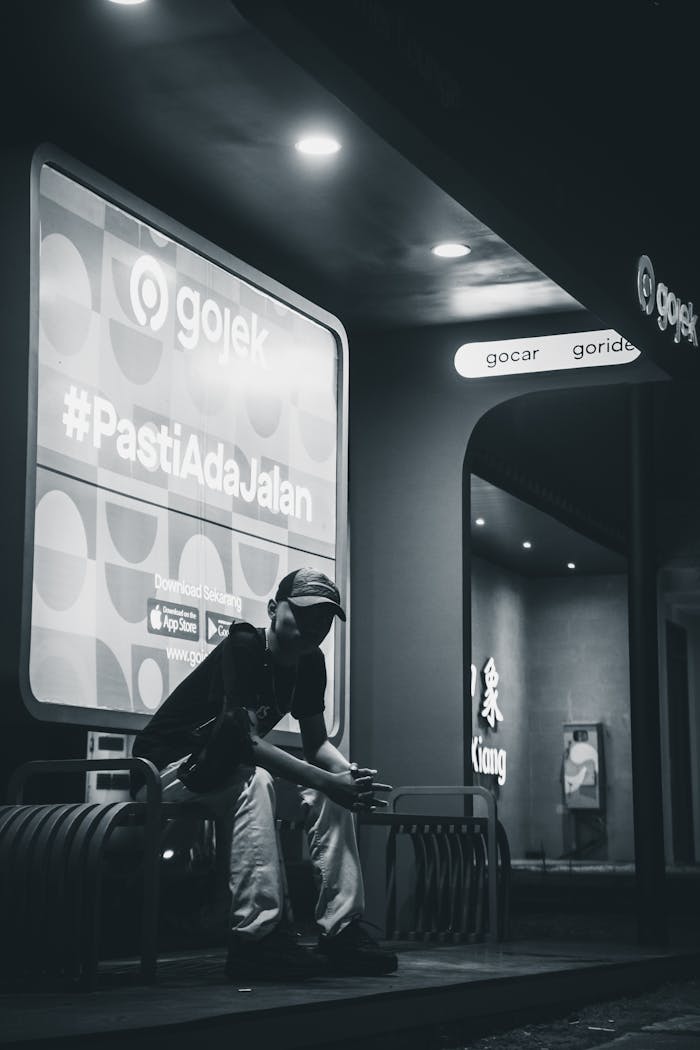 Man sitting at Gojek station in Batam at night, captured in monochrome with striking lighting.